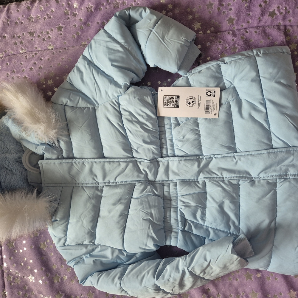 Kids Light Blue Puffer Jacket with Faux Fur Trim